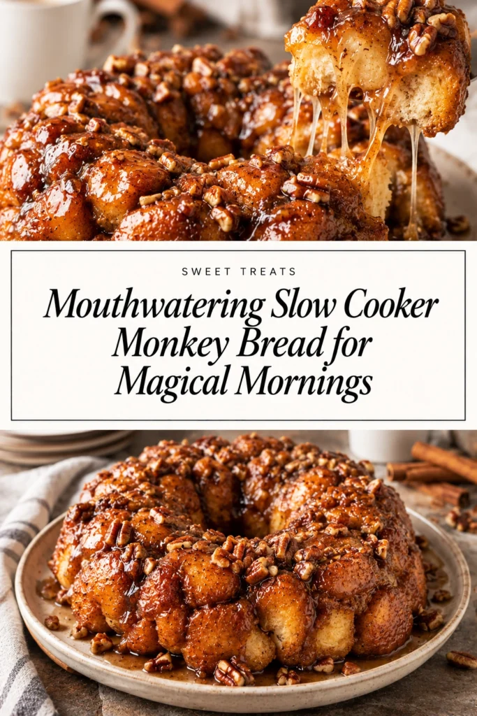 Golden brown monkey bread with cinnamon sugar glaze, piled high in a slow cooker crock with sticky dough pieces.