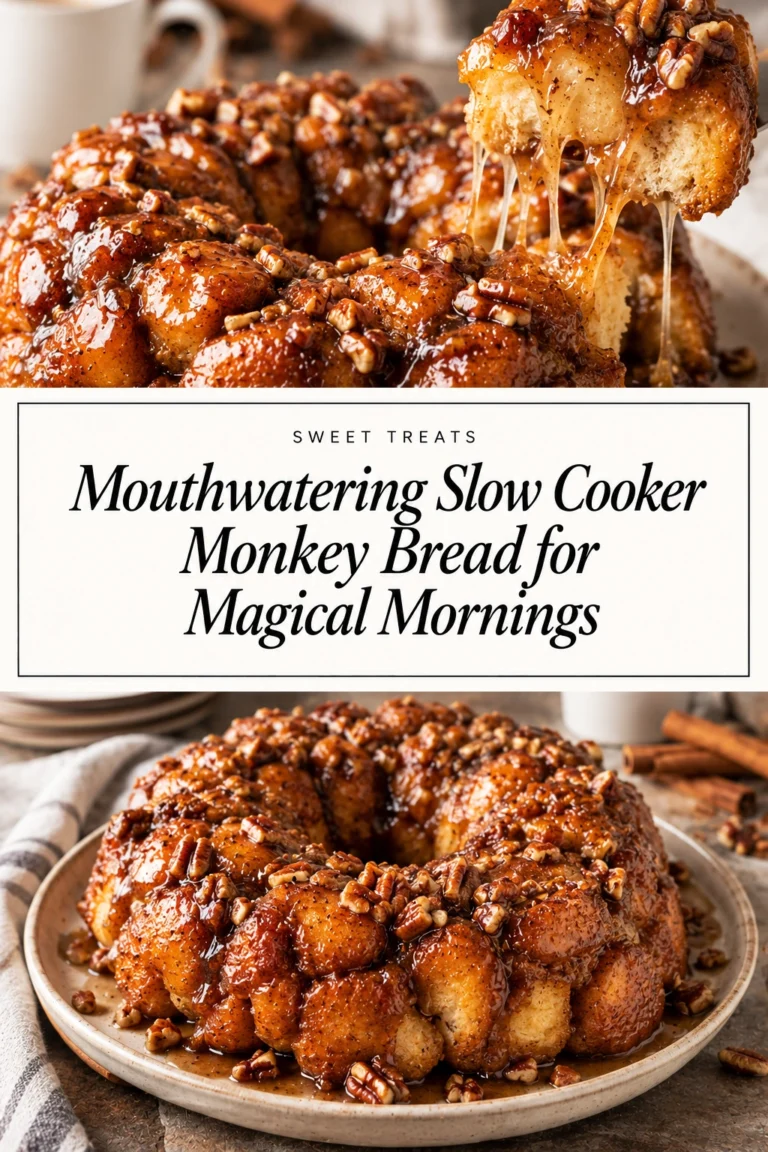 Golden brown monkey bread with cinnamon sugar glaze, piled high in a slow cooker crock with sticky dough pieces.