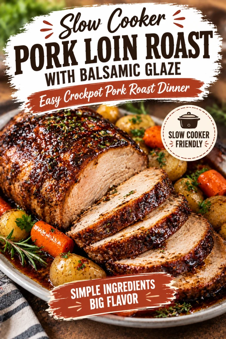 Slices of slow cooker pork loin roast drizzled with a dark balsamic glaze, served on a platter with garnish.