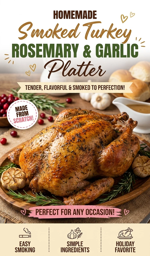 Sliced smoked turkey breast on a platter, garnished with fresh rosemary sprigs and roasted garlic cloves.