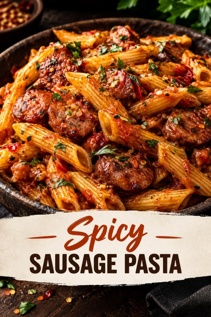 Penne pasta tossed with browned spicy sausage, minced garlic, and red chili flakes, garnished with fresh chopped parsley.