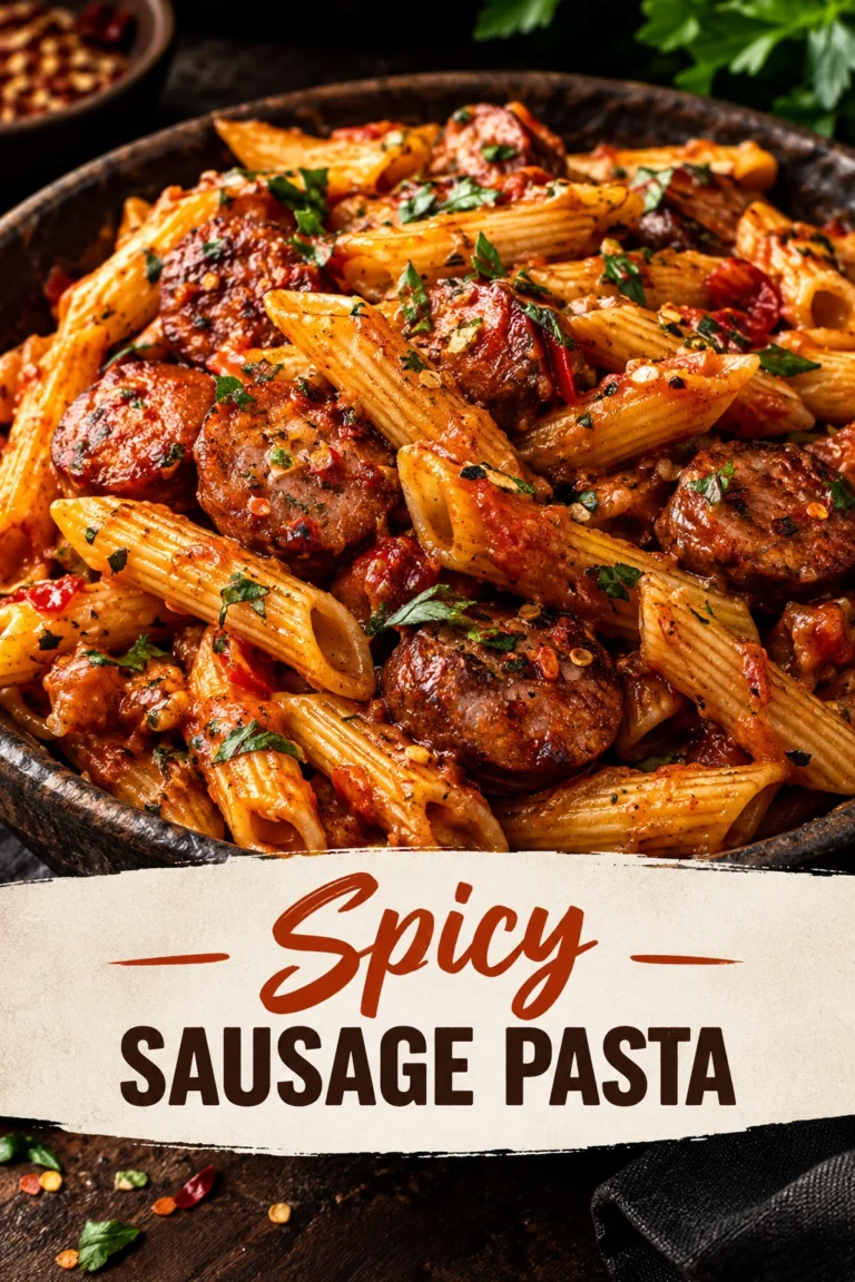 Penne pasta tossed with browned spicy sausage, minced garlic, and red chili flakes, garnished with fresh chopped parsley.