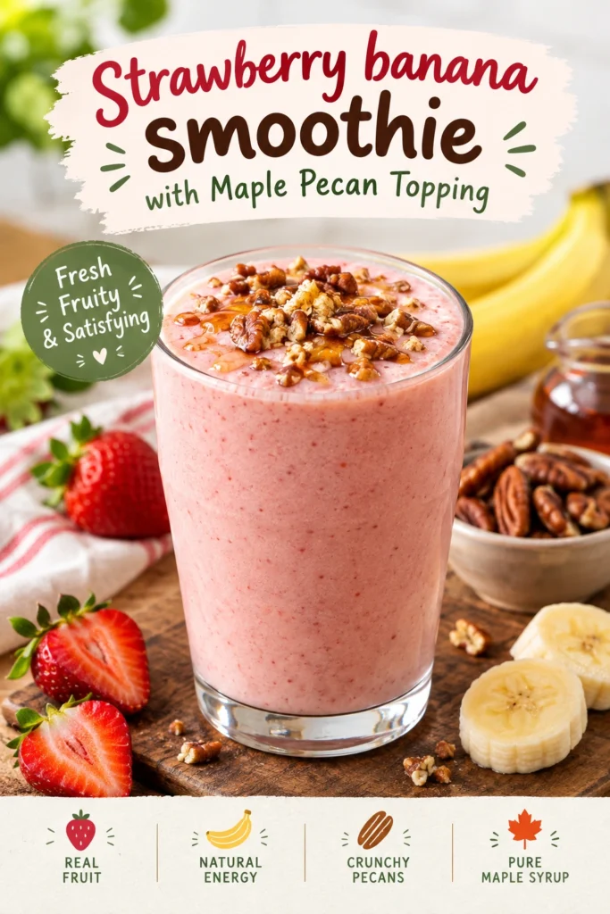 A pink strawberry banana smoothie in a glass topped with toasted maple pecans and a fresh strawberry slice.
