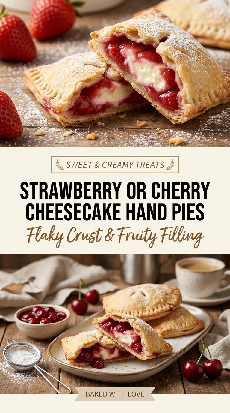 Golden brown cheesecake hand pies filled with red berries, dusted with powdered sugar on a rustic wooden surface.