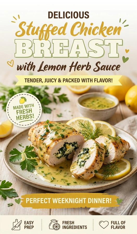 Sliced stuffed chicken breasts topped with a lemon herb sauce, garnished with fresh parsley on a white dinner plate.