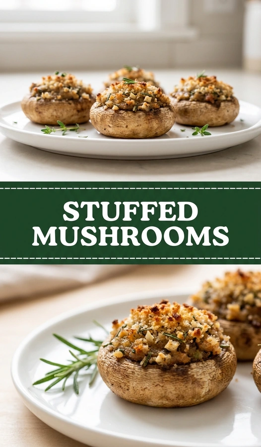 Roasted mushroom caps filled with a golden garlic and rosemary stuffing, garnished with fresh parsley on a white platter.