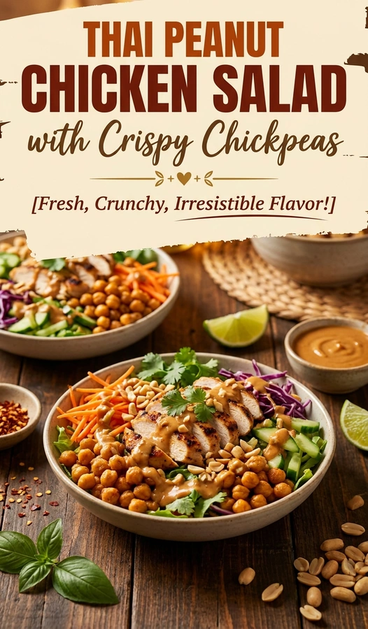 Thai peanut chicken salad with shredded cabbage, carrots, and greens, topped with crispy chickpeas and a creamy peanut dressing.