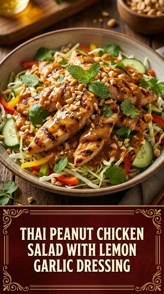 Sliced grilled chicken and mixed greens topped with crushed peanuts and fresh cilantro in a white ceramic bowl.
