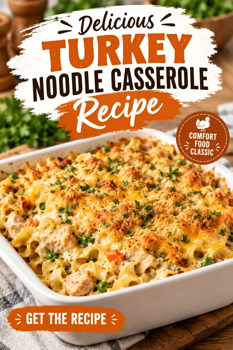Creamy turkey noodle casserole in a white baking dish topped with melted cheese and fresh parsley garnish.