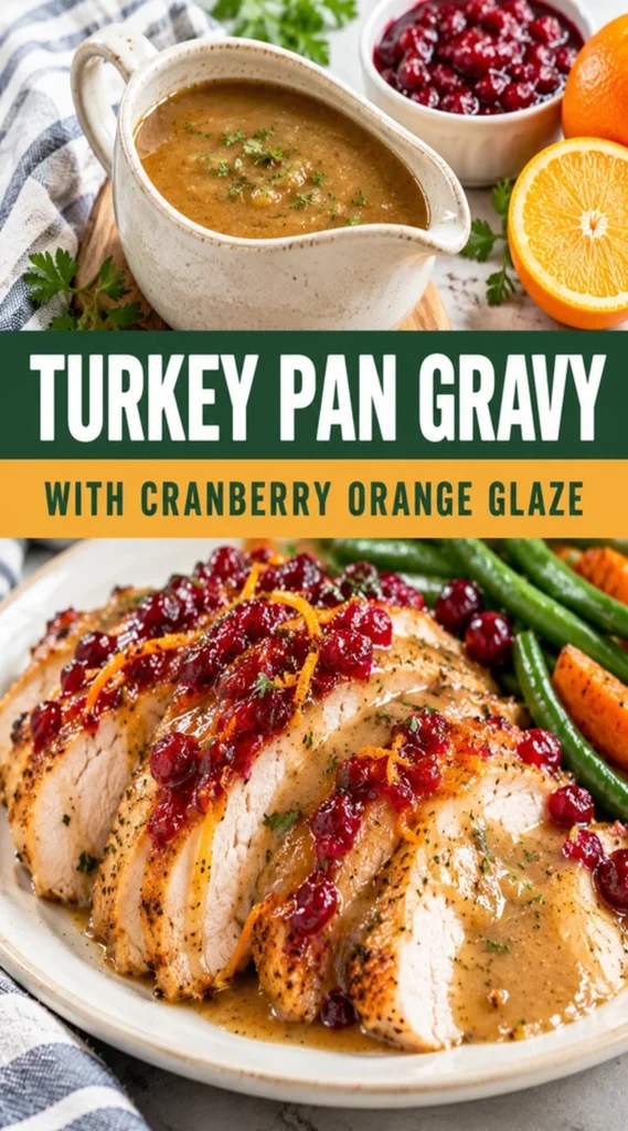 A gravy boat filled with smooth brown turkey gravy, swirled with a vibrant red cranberry orange glaze.