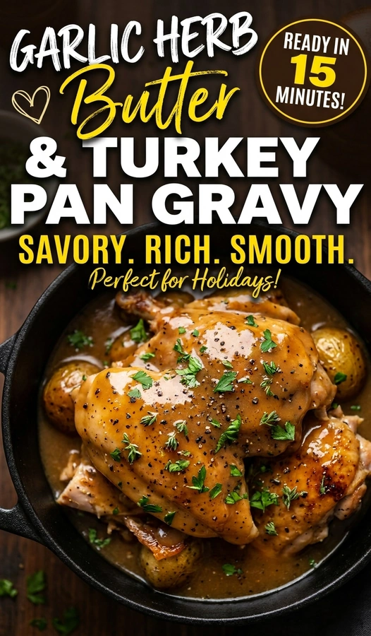A white ceramic boat filled with smooth, brown turkey gravy, garnished with fresh thyme and parsley sprigs.