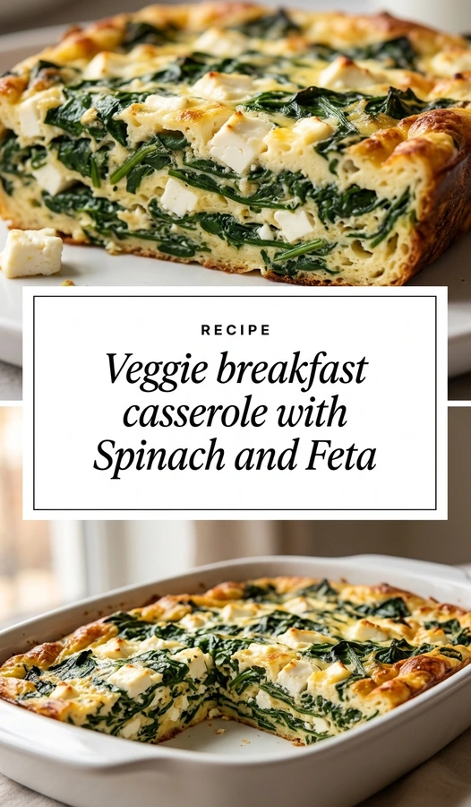 A baked savory vegetable casserole with spinach and crumbled feta cheese, served in a white ceramic baking dish.
