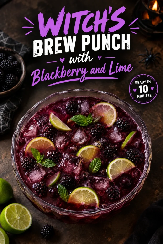 A large glass bowl of deep purple blackberry lime punch garnished with fresh blackberries, lime slices, and mint leaves.