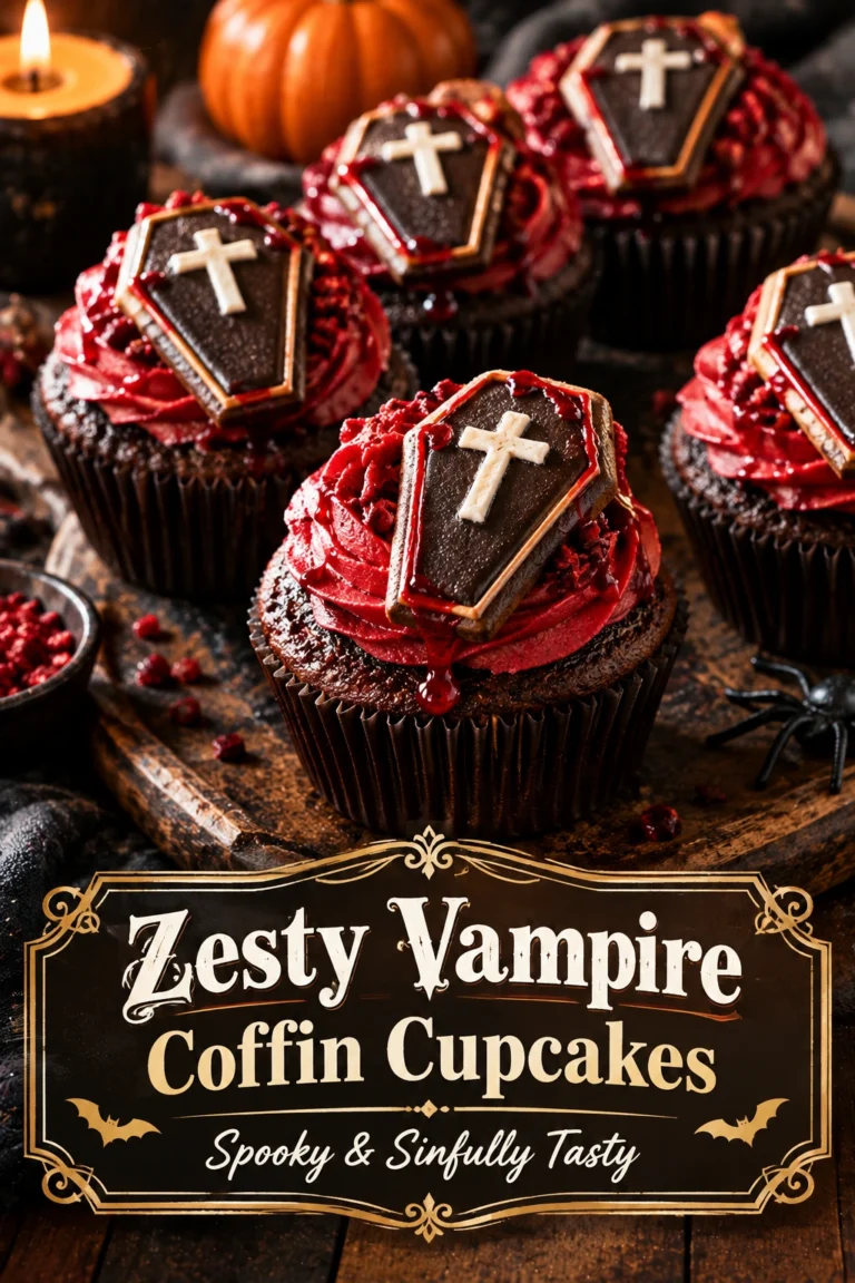 Chocolate cupcakes topped with grey frosting and chocolate coffin-shaped cookies, garnished with red jam drips to resemble blood.