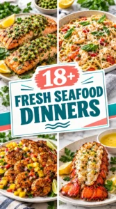 A collage of various seafood dinner dishes with a central title overlay