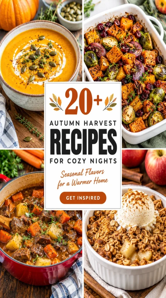 A collage of autumn harvest recipes featuring roasted squash, soups, and seasonal vegetables