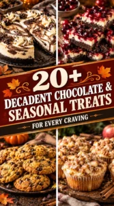 A collage of decadent chocolate desserts and seasonal treats in a vertical layout