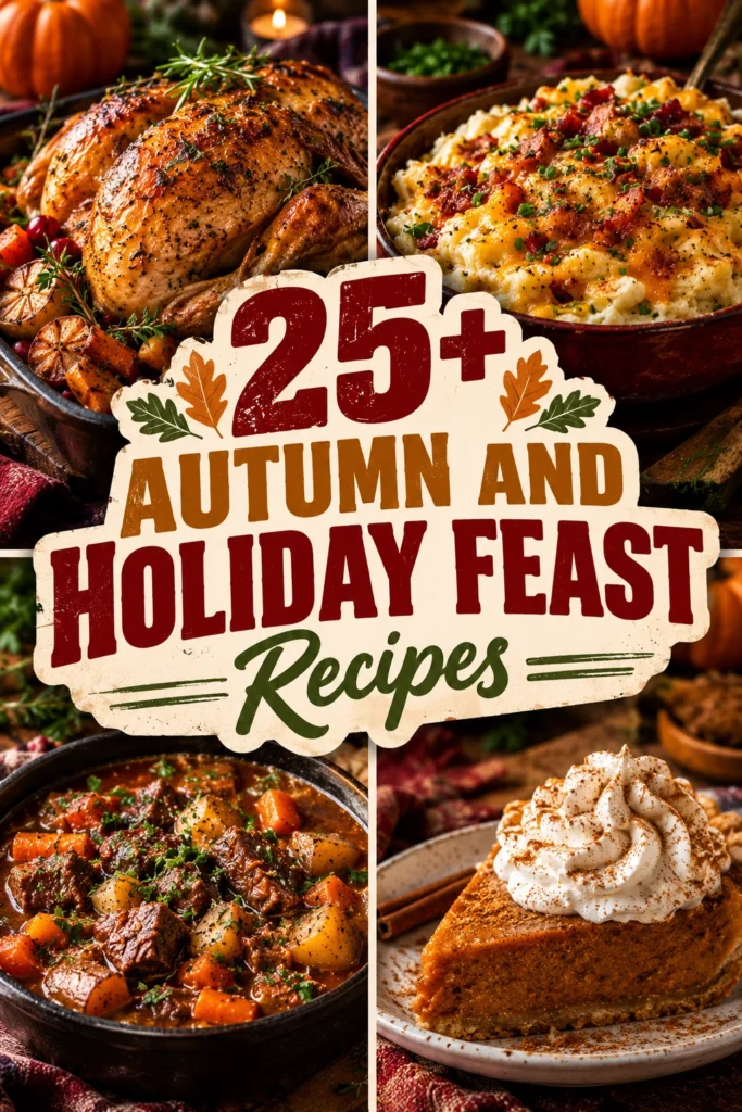 Collage of roast turkey and autumn side dishes for holiday feast recipes