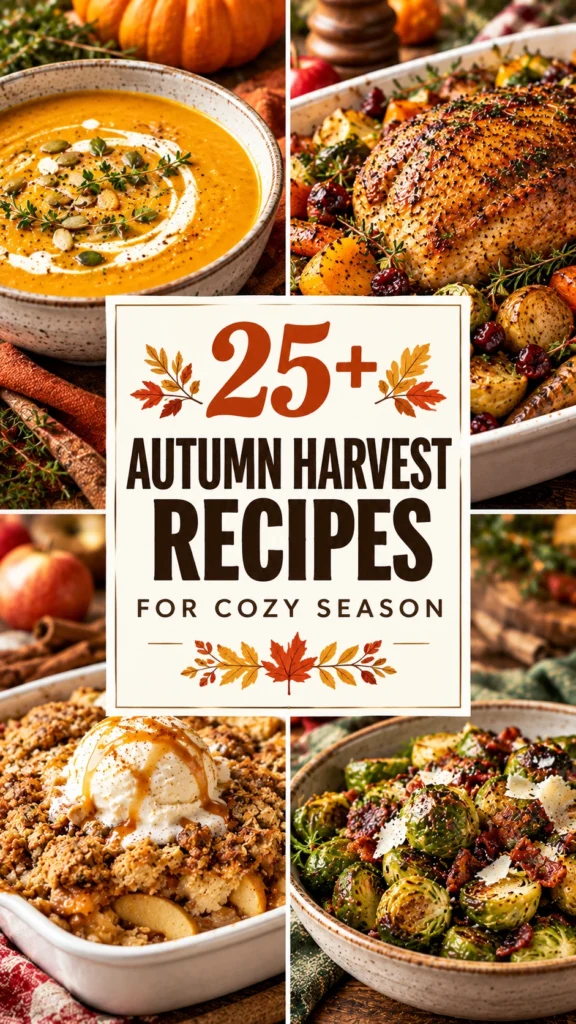 Collage of autumn harvest recipes featuring roasted squash, hearty stews, and seasonal desserts