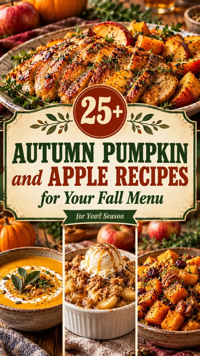 A collage of autumn pumpkin and apple recipes in a vertical listicle layout