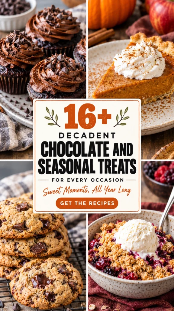 A collage of decadent chocolate desserts and seasonal treats in a vertical layout