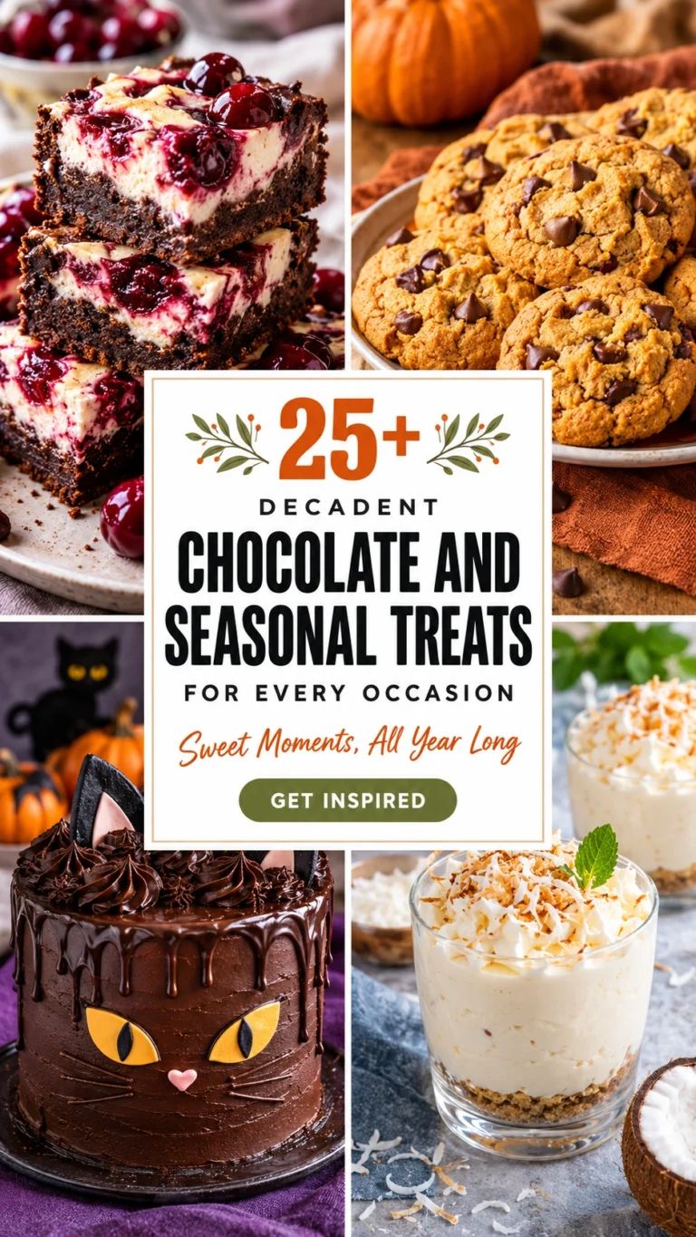 A collage of decadent chocolate desserts and seasonal treats in a vertical layout