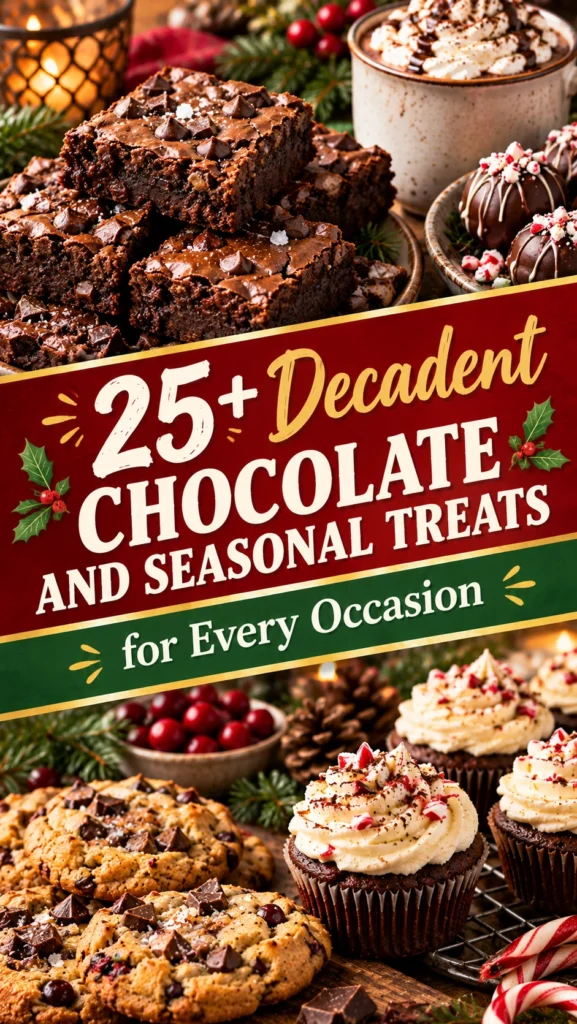 A collage of decadent chocolate desserts and seasonal treats in a vertical layout