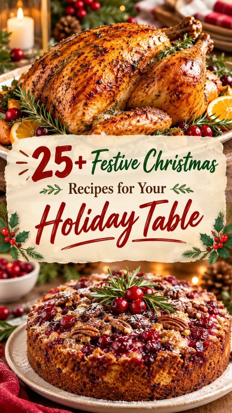 Collage of festive Christmas recipes featuring roasted turkey, side dishes, and holiday desserts