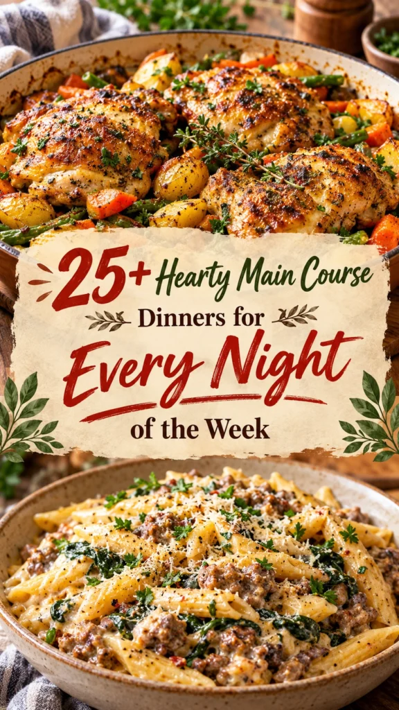 Collage of hearty main course dinners featuring roasted meats and savory side dishes