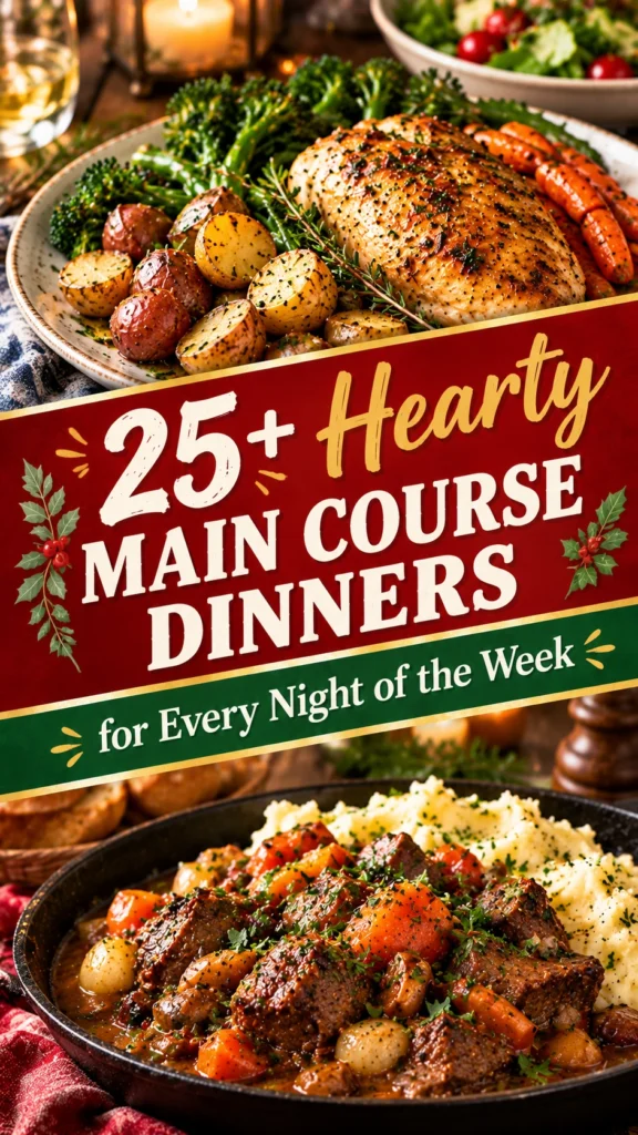 A collage of various hearty main course dinners arranged in a professional layout