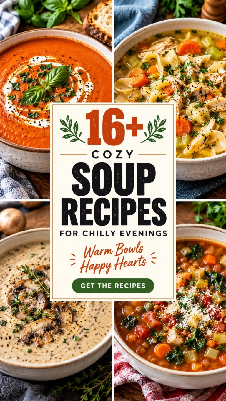 A collage of hearty soup recipes in bowls with a central title overlay