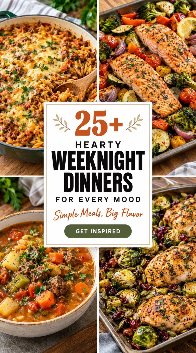 Collage of various hearty weeknight dinners featuring pastas, stews, and roasted meats
