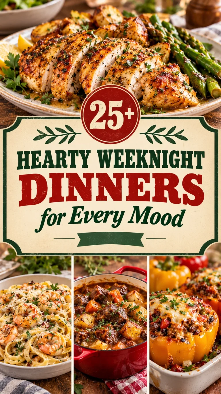 Collage of hearty weeknight dinners featuring savory stews, pasta, and roasted meats