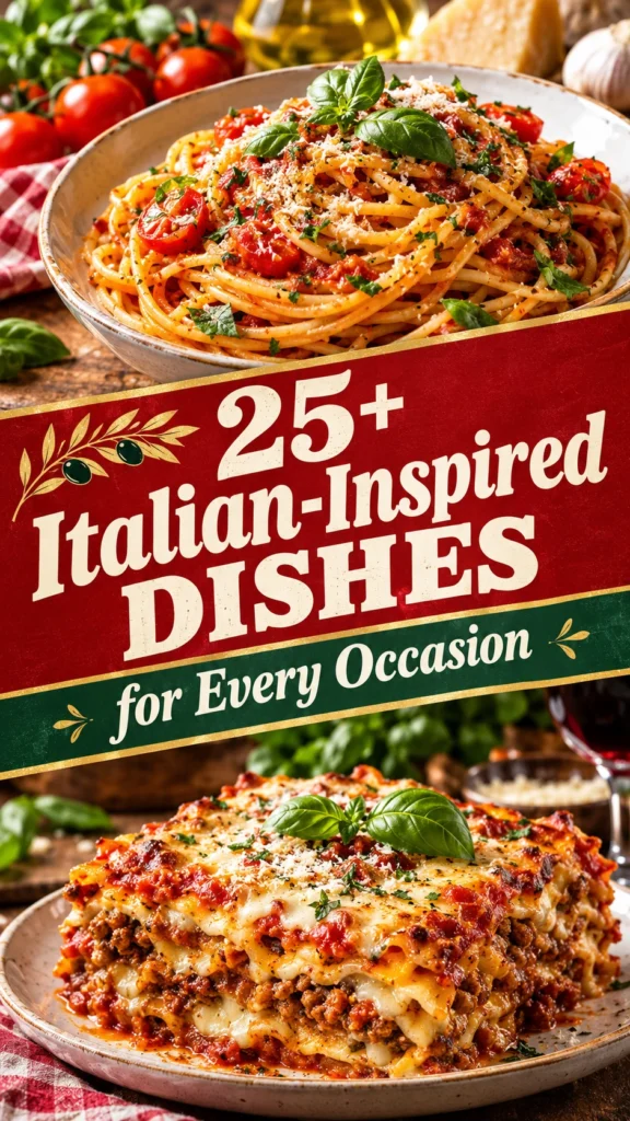 Collage of various Italian-inspired dishes including pasta and risotto in a listicle layout