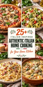 A collage of various Italian-inspired dishes including pasta and pizza in a vertical layout