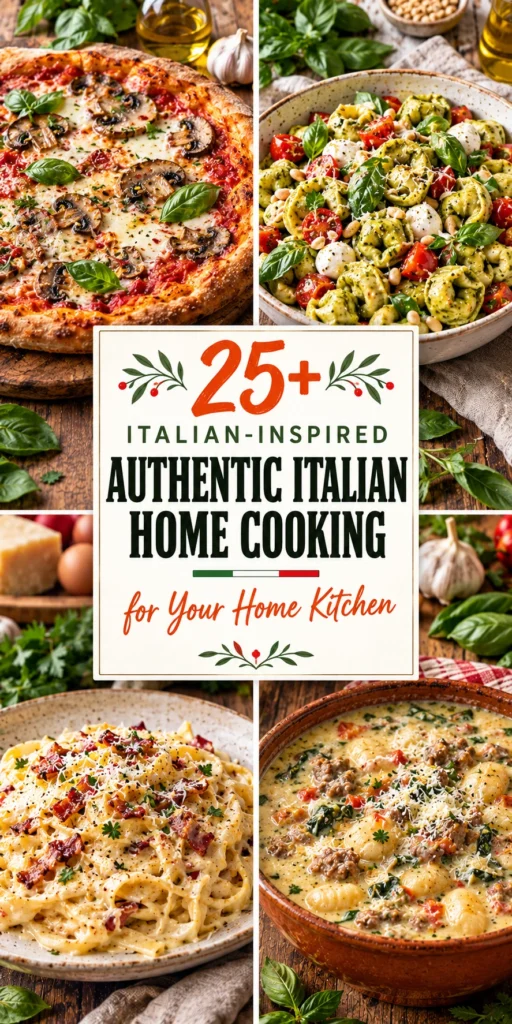 A collage of various Italian-inspired dishes including pasta and pizza in a vertical layout
