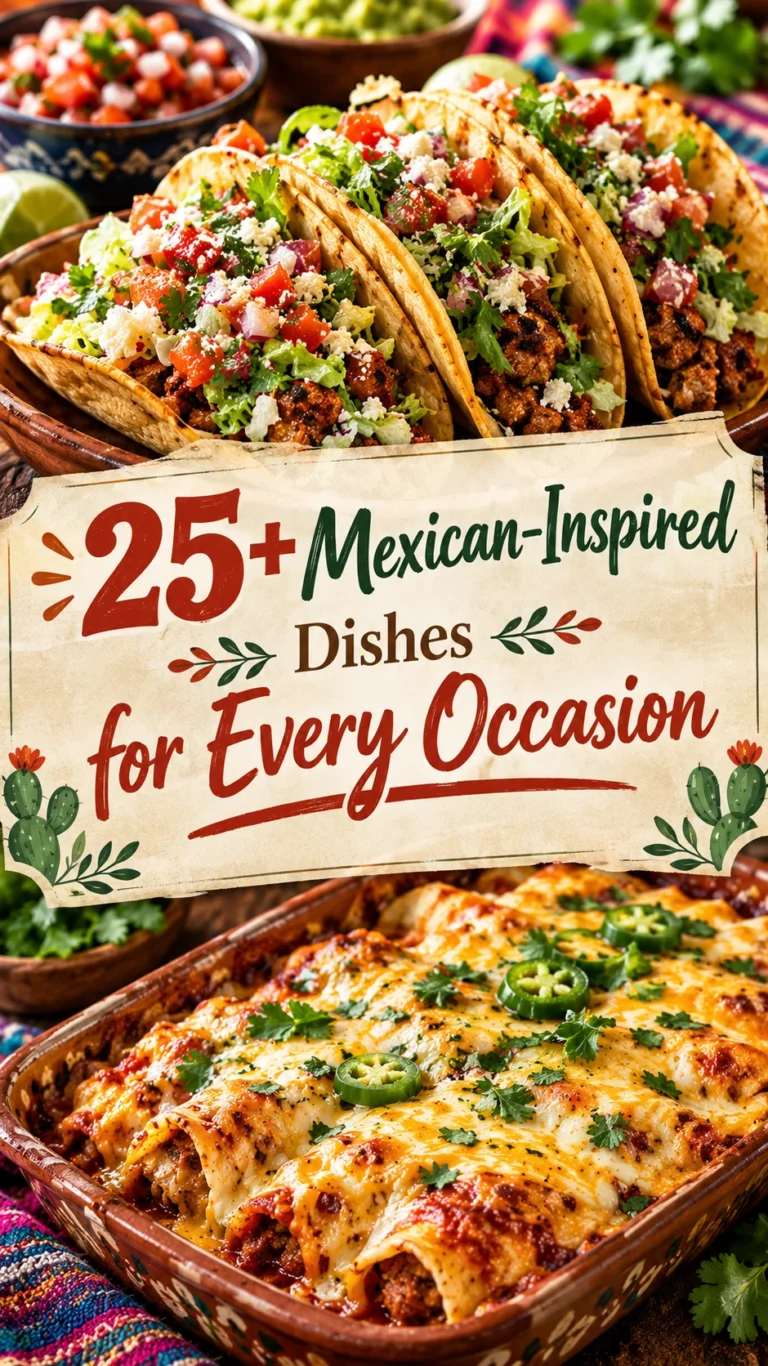 Collage of various Mexican-inspired dishes including tacos and enchiladas for a recipe listicle