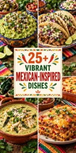 A collage of various Mexican-inspired recipes including tacos, enchiladas, and fresh salsas