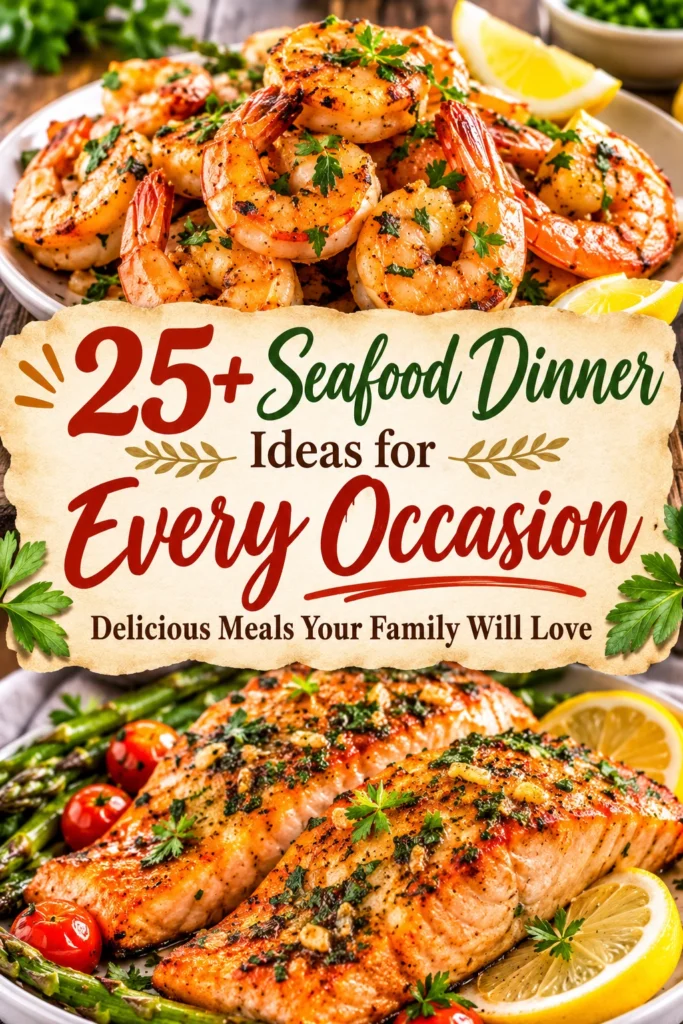 Collage of diverse seafood dinner dishes with a central listicle title overlay