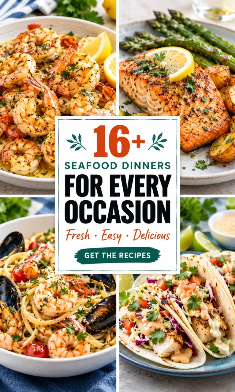 A collage of various seafood dinners featuring grilled salmon and shrimp cocktails