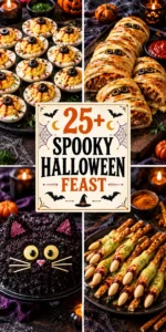 Collage of spooky Halloween recipes including themed appetizers and desserts for a feast