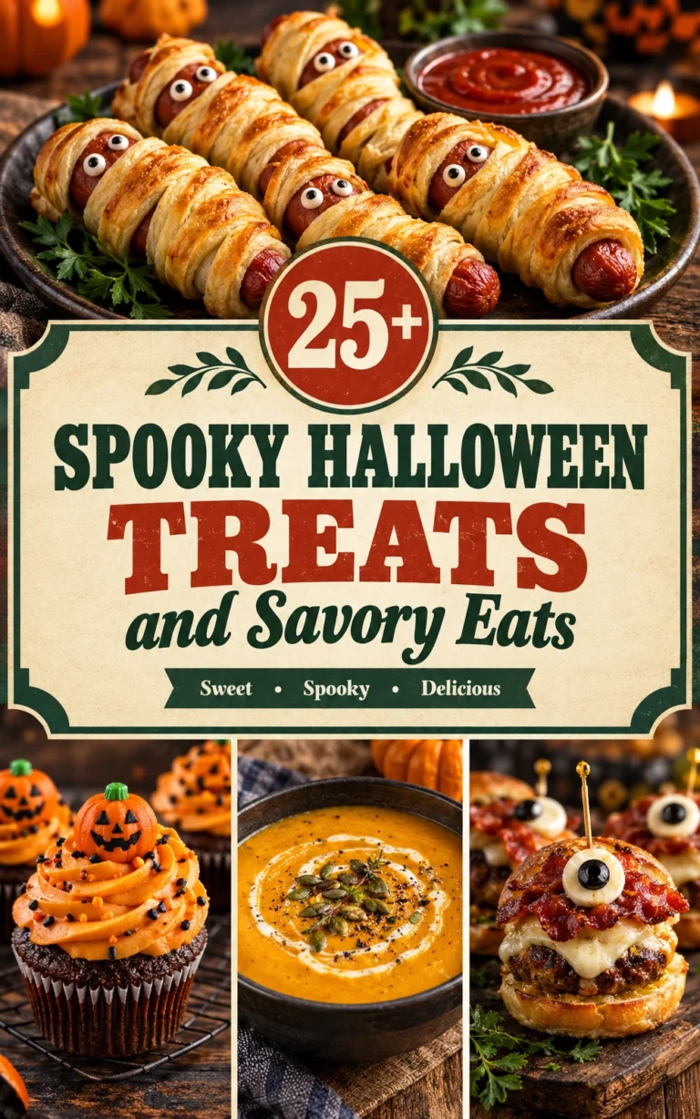A collage of spooky Halloween treats and savory eats in a vertical layout