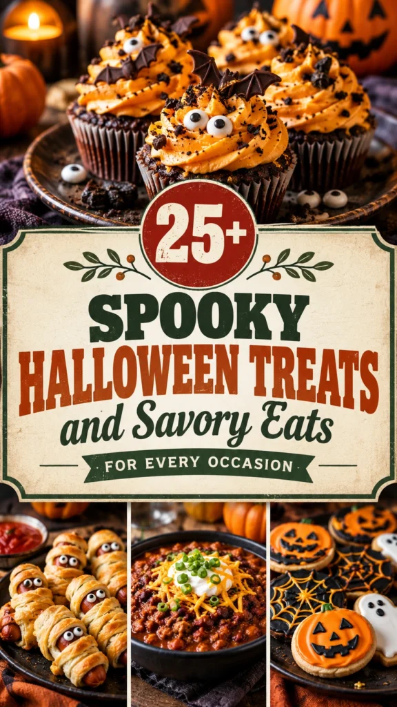 A collage of spooky Halloween treats and savory eats in a vertical layout