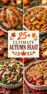 A collage of roasted turkey and autumn side dishes for Thanksgiving feast recipes