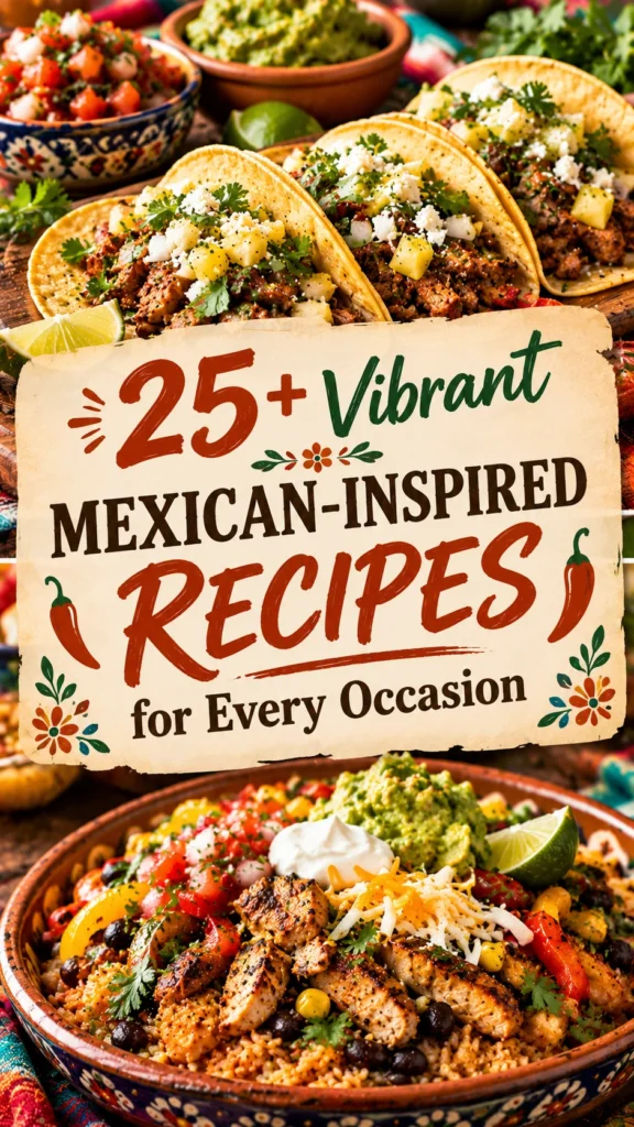 A collage of vibrant Mexican-inspired recipes featuring tacos, enchiladas, and fresh salsas