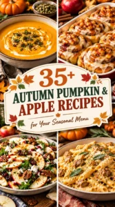 Collage of autumn pumpkin and apple recipes featuring seasonal pies and baked treats