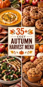 A collage of autumn pumpkin and apple recipes in a vertical listicle layout