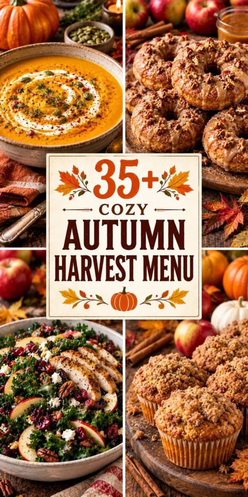 A collage of autumn pumpkin and apple recipes in a vertical listicle layout