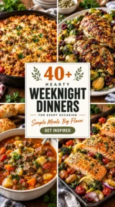 Collage of hearty weeknight dinners including pasta, roast chicken, and savory stews