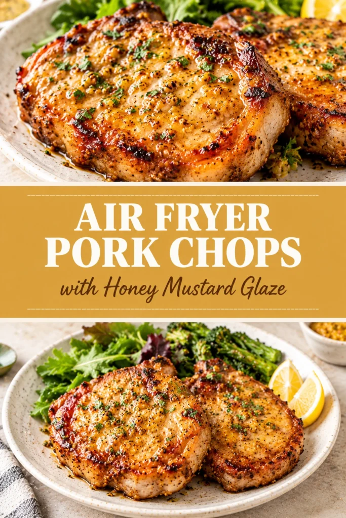 Golden-brown air fryer pork chops coated in a glossy honey mustard glaze, served on a plate with fresh parsley.